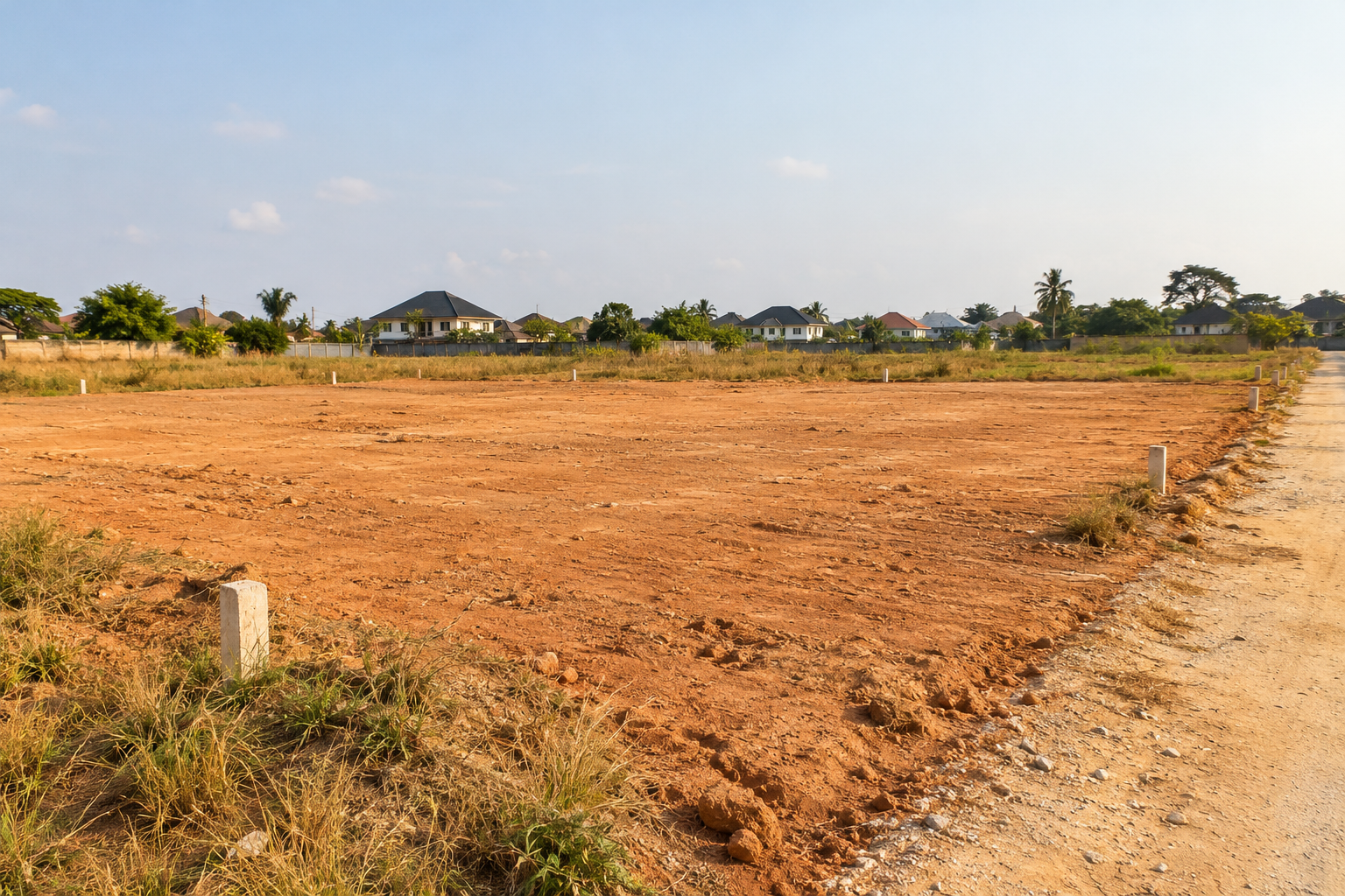 Illustrative vacant residential plot with bare earth and boundary pegs
